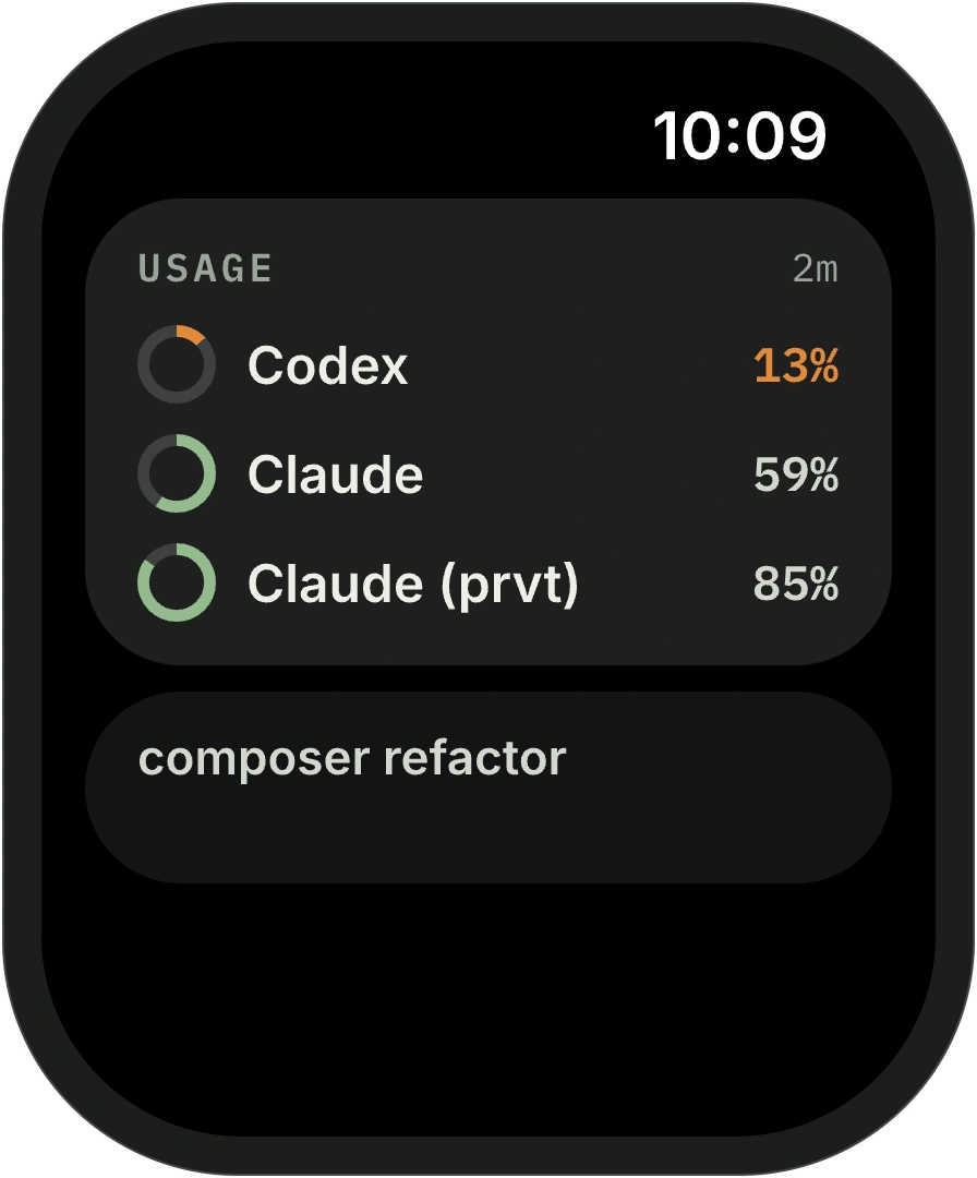 Apple Watch Smart Stack widget design preview listing three logins by remaining usage
