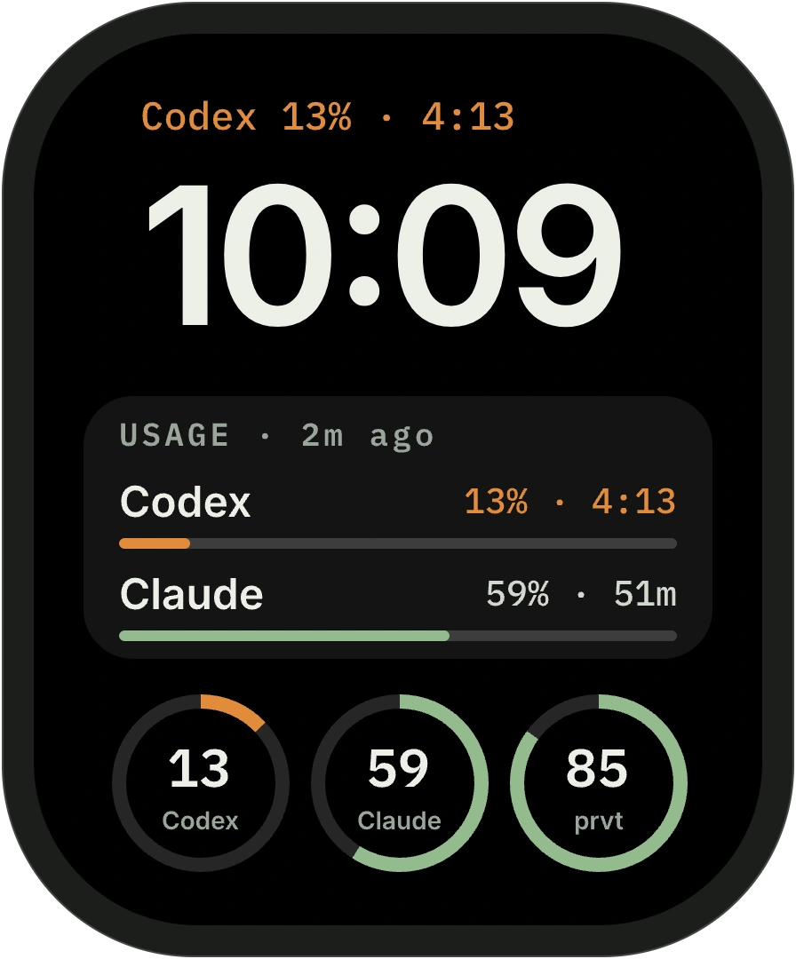 Apple Watch face design preview with Drover usage complications for Codex and Claude