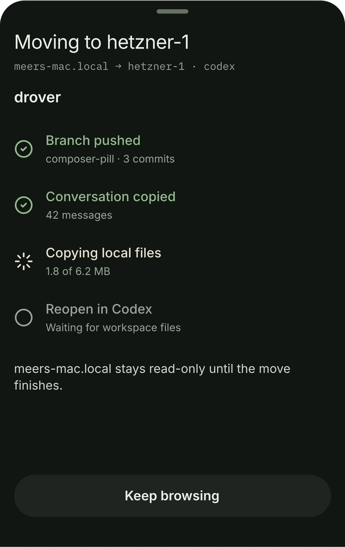 Transfer progress sheet design preview: branch pushed, conversation copied, local files copying