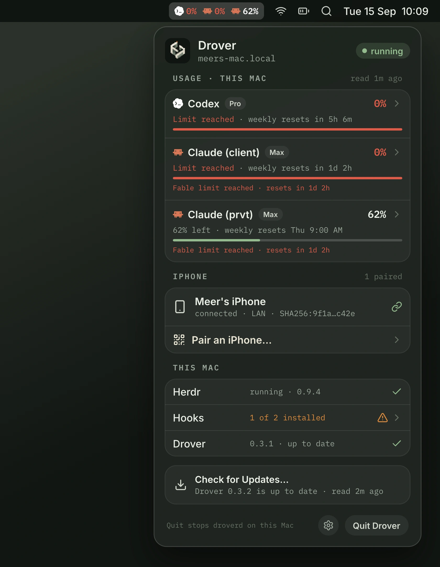 Drover for Mac design preview: the menu bar item shows percent left per login, and the open menu lists usage, the paired iPhone, and host health