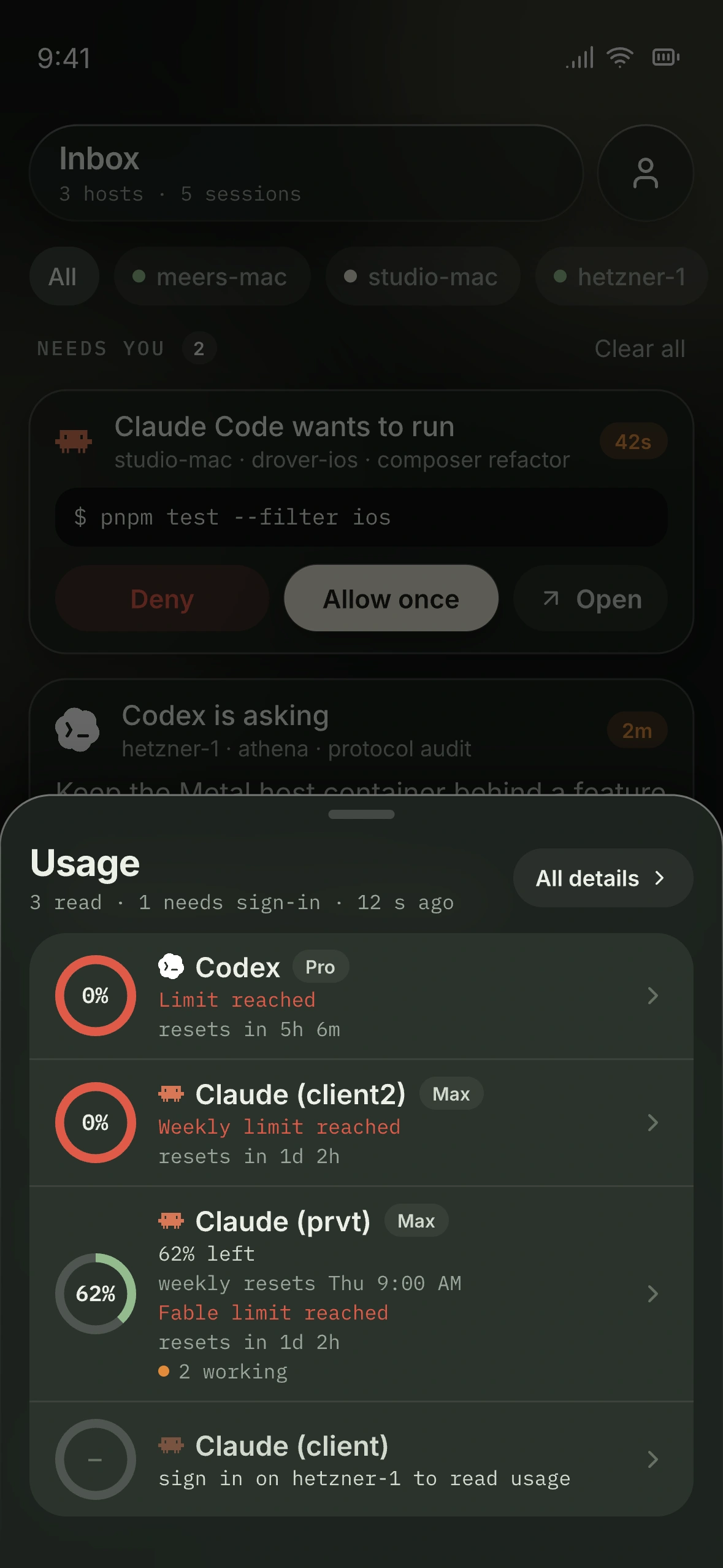 Usage sheet design preview with remaining capacity across Claude and Codex accounts