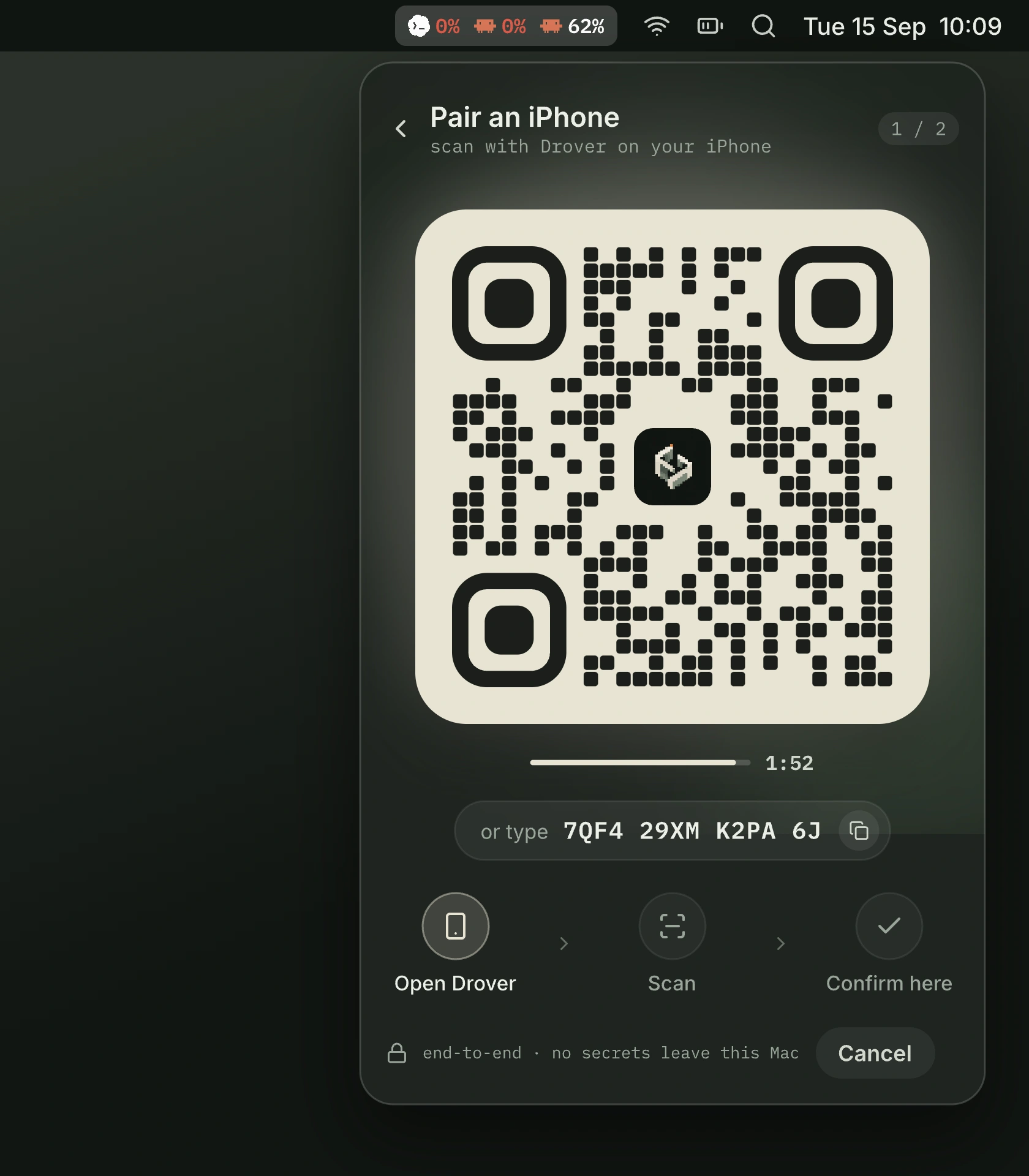 Pair an iPhone design preview: a QR code in the Drover menu with a typed-code fallback and the steps Open Drover, Scan, Confirm here
